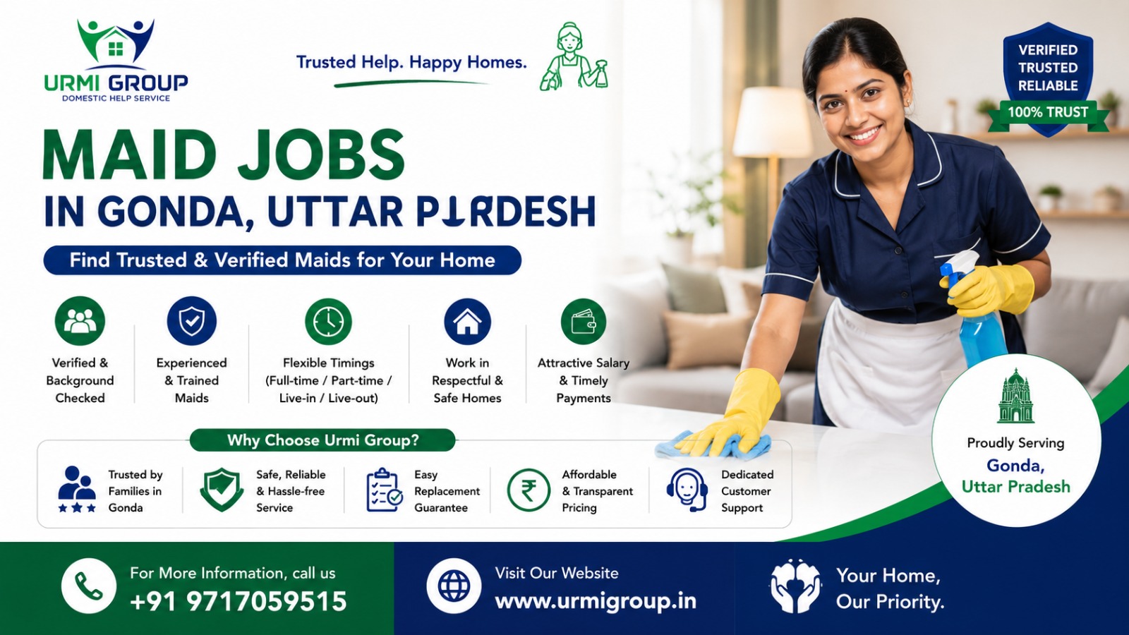 Maid Jobs in Gonda, Uttar Pradesh | Full-Time & Live-In | Urmi Group
