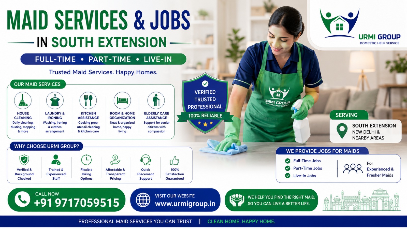 Maid Services & Jobs in South Extension, Delhi – Part-Time, Full-Time, 24-Hour Live-In Hiring