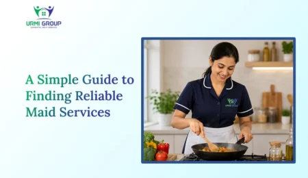 Smiling maid in navy uniform cooking vegetables in a modern kitchen with text about finding reliable maid services.