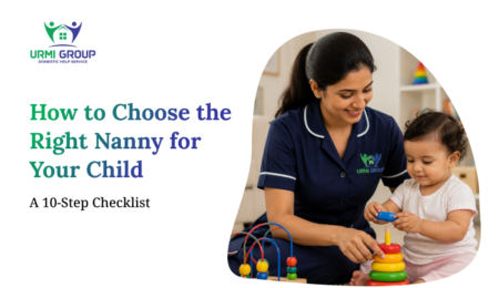 Professional nanny playing with a young child using colorful stacking toys, illustrating how to choose the right nanny for your child.