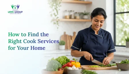 Woman in a navy apron chopping vegetables in a kitchen with text about finding the right cook services for your home.
