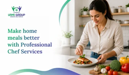 Woman garnishing a plated meal in a kitchen, promoting Urmi Group's professional chef services for better home meals.