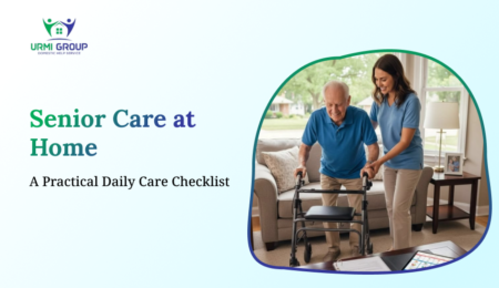 Senior care at home with a caregiver assisting an elderly man using a walker in a living room, featuring a practical daily care checklist.