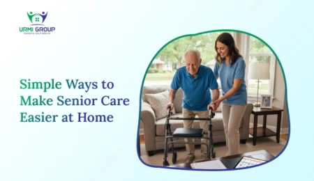 Senior man using a walker with a female caregiver assisting him at home, promoting easier senior care.