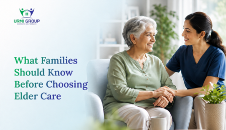 Happy elderly woman and caregiver smiling and holding hands, with text about choosing elder care by Urmi Group.