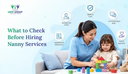 A nanny playing with a child using colorful blocks, highlighting key factors like background check, safety, skills, and care before hiring nanny services.