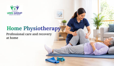 A physiotherapist assisting an elderly woman with leg exercises on a mat at home, promoting professional in-home care.