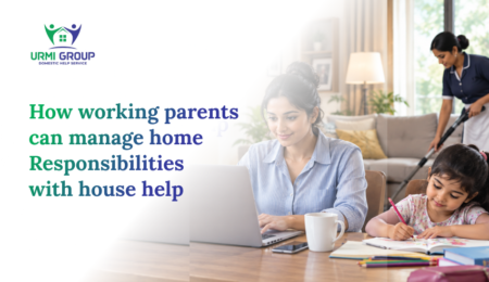Working mother on laptop, child doing homework, and house help vacuuming, illustrating managing home duties with domestic help.
