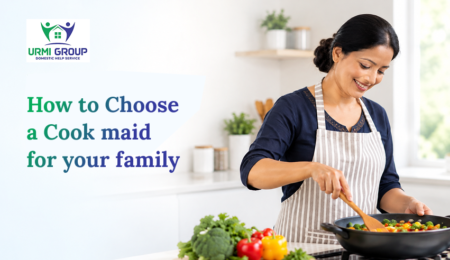Cook maid preparing a vegetable dish in a modern home kitchen, illustrating how to choose a cook maid for your family.