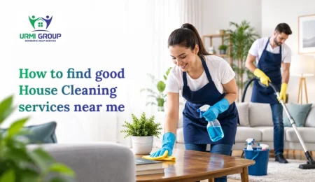 Two professional cleaners in aprons and gloves cleaning a bright living room with spray and vacuum.