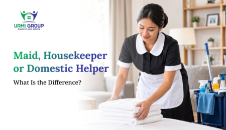 A maid in uniform neatly folding towels on a bed with cleaning supplies nearby, alongside text about domestic helper differences.