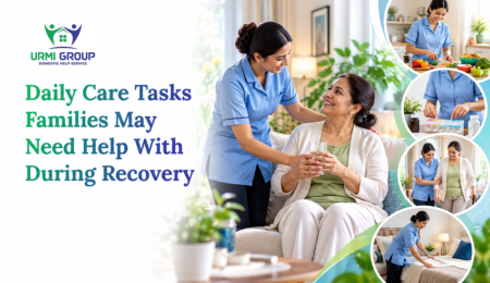 Urmi Group graphic listing daily recovery-care tasks, showing a caregiver assisting an older woman with hydration, meals, medication, walking, and bed-making.