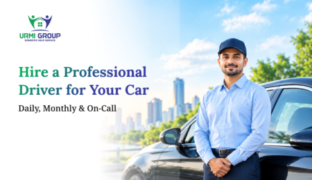Urmi Group ad featuring a professional driver beside a car, with text: “Hire a Professional Driver for Your Car—Daily, Monthly & On-Call.