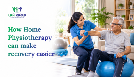Home physiotherapist helps an older man exercise with dumbbells on a stability ball in a bright living room.