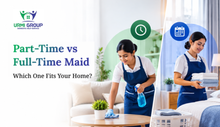 Promotional graphic comparing part-time and full-time maids, featuring two uniformed women cleaning and folding laundry.